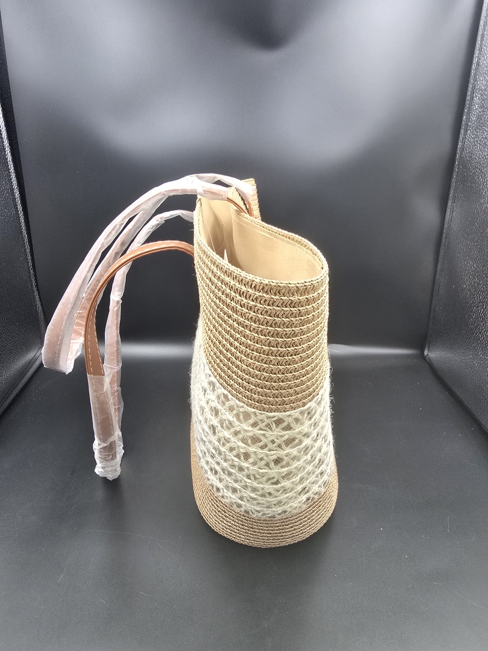 Braided Straw Shoulder Tote Bag in Tan and Cream - Picture 2 of 8